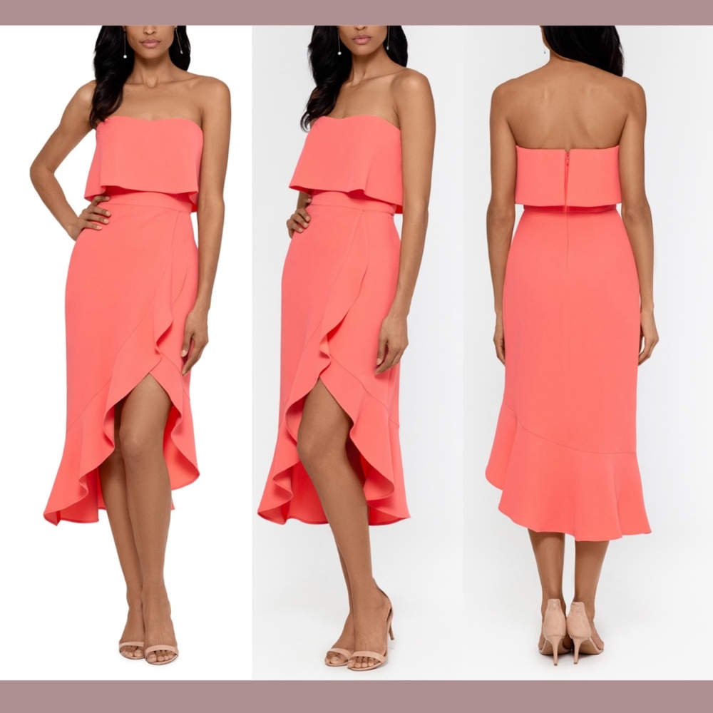 NWT $228 XSCAPE [ 2‎ ] Crepe Bustier Ruffle Skirt Dress in Bright Coral